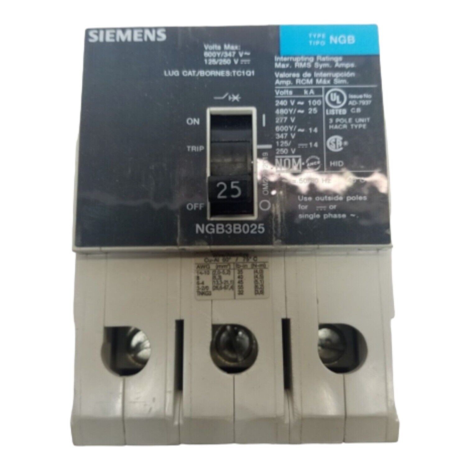 Siemens NGB3B025 Circuit Breaker 25A 3P 600V 3PH NGB 25 Amp 3 Pole Used