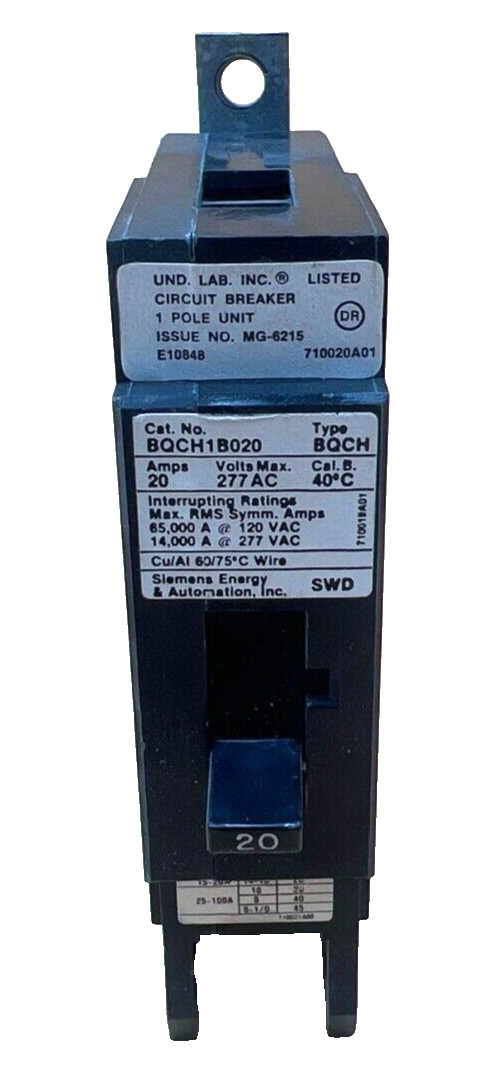 Siemens BQCH1B020 Bolt on Circuit breaker 20A 277V 1P BQCH 20 Amp 1 Pole Used