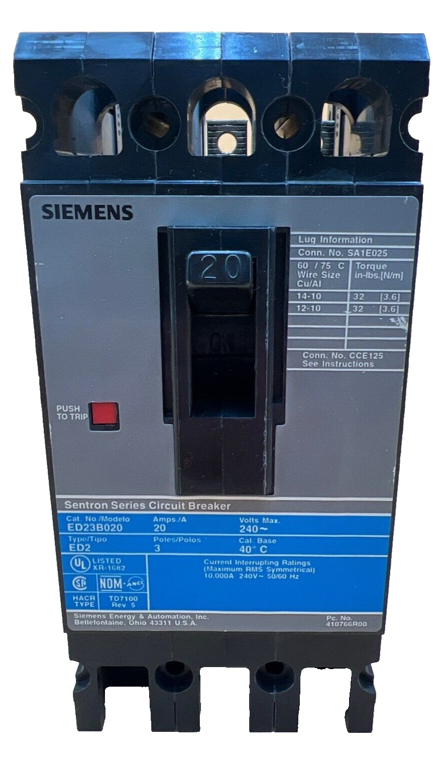 Siemens ED23B020 Circuit Breaker 20A 3P 240V 3PH Bolt on Used