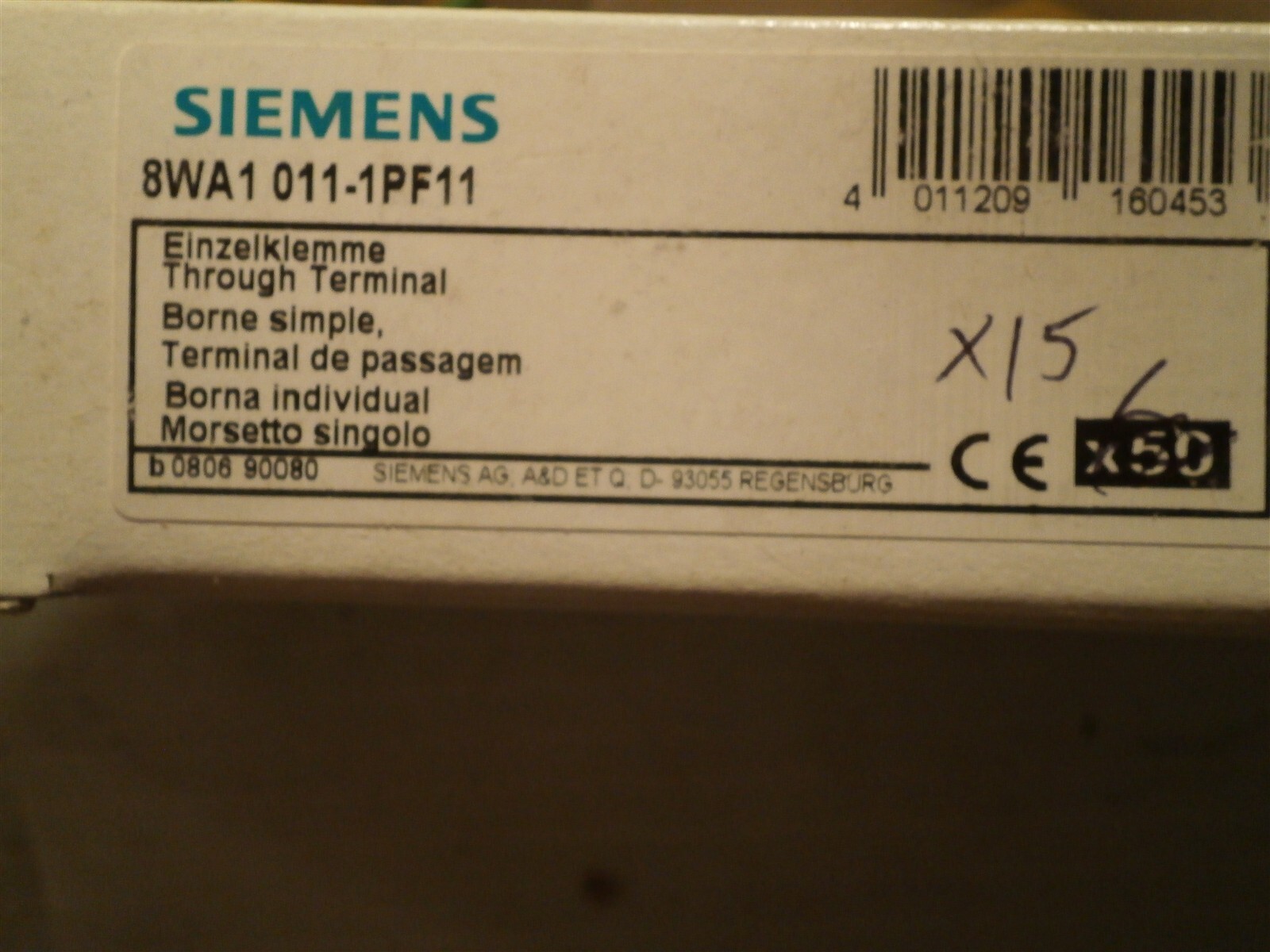 1 Box of 15: SIEMENS 8WA1 011-1PF11 TERMINAL GROUND BLOCKS