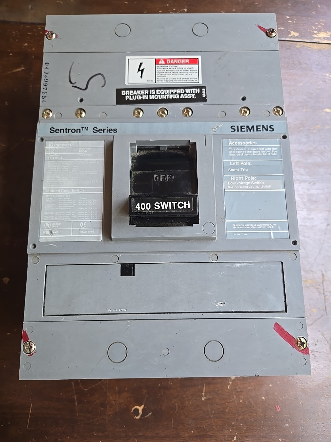 SIEMENS HJXD63S400A SENTRON BREAKER 3POLE 400A 600V