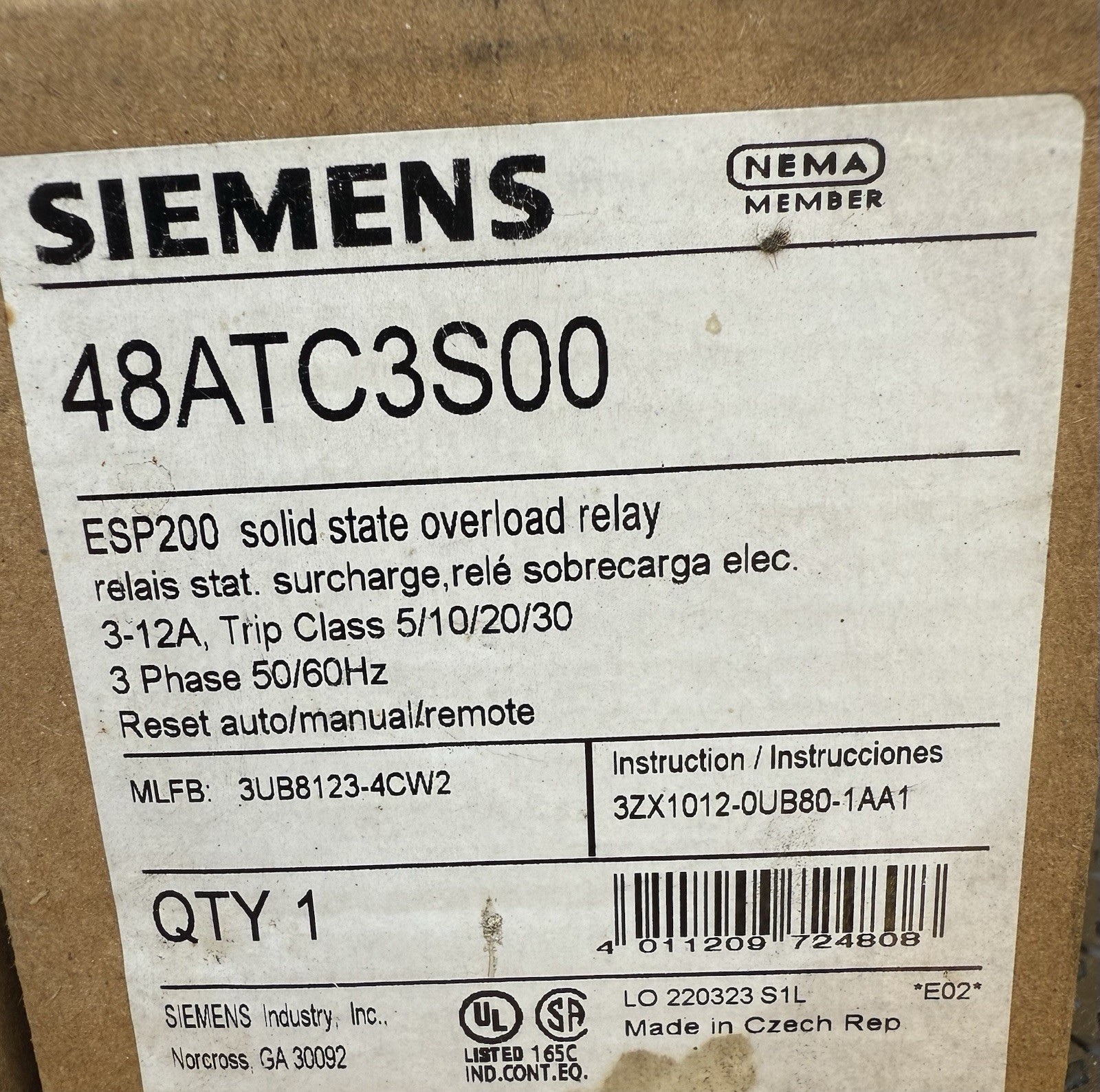 SIEMENS ESP200 SS OVERLOAD RELAY 3-12A 3PH 50/60Hz 48ATC3S00