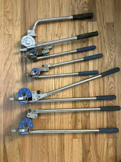 USED (3)MS-HTB-8, 1/2,  (2)3/8, IN. HAND TUBING BENDERS