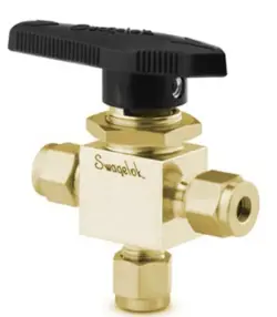 SWAGELOK, 3-WAY BALL VALVE, 3/8 IN. SWAGELOK TUBE FITTING-B-44XS6, BRASS