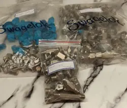 LOT OF MISCELLANEOUS SWAGELOK STAINLESS FITTINGS AND VARIOUS BITS 200+ IN BAGS