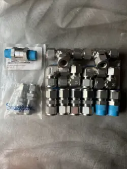 MIX LOT OF 15 NEW SWAGELOK STAINLESS STEEL FITTINGS. MOSTLY 1/2 THEN 3/8 CHECK