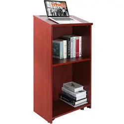 VEVOR PODIUM STAND 47 IN HOSTESS STAND WITH ROLLING WHEELS&STORAGE SHELVE BROWN