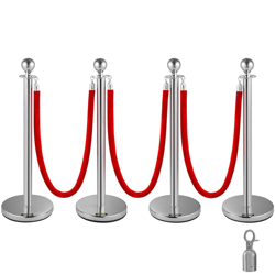 BESTEQUIP 38 INCH STANCHION POSTS QUEUE, RED VELVET ROPE (3, SILVER)