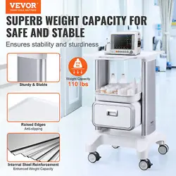 VEVOR 2 TIERS LAB CARTS MOBILE MEDICAL CART WITH 1 DRAWER & 1 TOP TRAY WHITE