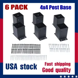 6 PACK 4X4 POST BASE BRACKETS HEAVY DUTY WOOD POST FENCE POST ANCHOR BLACK STEEL
