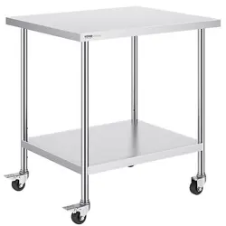 VEVOR STAINLESS STEEL WORK TABLE 30 X 36 X 38 INCH, WITH 4 WHEELS, 3 ADJUSTABLE