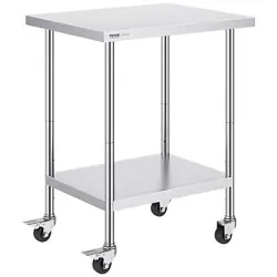 VEVOR STAINLESS STEEL WORK TABLE 24 X 30 X 38 INCH, WITH 4 WHEELS, 3 ADJUSTABLE