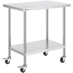 VEVOR STAINLESS STEEL WORK TABLE 24 X 36 X 38 INCH, WITH 4 WHEELS, 3 ADJUSTABLE