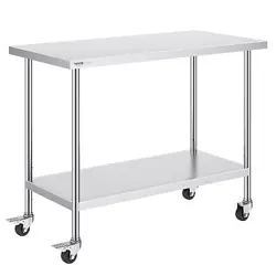 VEVOR STAINLESS STEEL WORK TABLE 24 X 48 X 38 INCH, WITH 4 WHEELS, 3 ADJUSTABLE