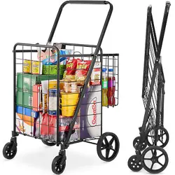 VEVOR FOLDING SHOPPING CART ROLLING GROCERY CART WITH DOUBLE BASKETS 110 LBS