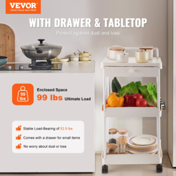 VEVOR 3-TIER ROLLING UTILITY CART WITH DRAWER, KITCHEN CART WITH LOCKABLE WHEELS