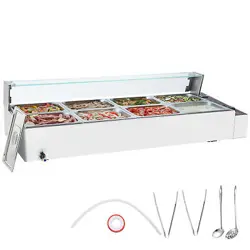 VEVOR COMMERCIAL FOOD WARMER 8*8QT BUFFET PAN BAIN MARIE W/ GLASS SHIELD 3200W