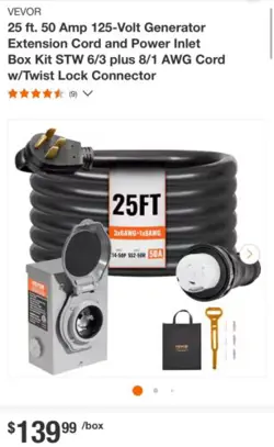 25 FT 50 AMP GENERATOR CORD AND INLET BOX KIT. VEVOR
