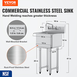 VEVOR STAINLESS STEEL PREP & UTILITY SINK, 1 COMPARTMENT FREE STANDING SMALL SIN