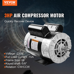 VEVOR 3HP AIR COMPRESSOR MOTOR, 230V 15 AMPS ELECTRIC MOTOR, 3450RPM 56 FRAME, 5