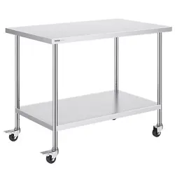 VEVOR STAINLESS STEEL WORK TABLE 30 X 48 X 38 INCH, WITH 4 WHEELS, 3 ADJUSTABLE