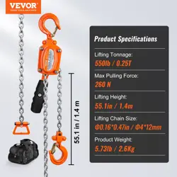 VEVOR MANUAL LEVER CHAIN HOIST, 1/4 TON 550 LBS CAPACITY 5 FT COME ALONG, G80 GA