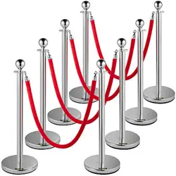 VEVOR CROWD CONTROL STANCHION STANCHION SET 8 PIECES WITH RED VELVET ROPE-SILVER