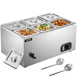 VEVOR 110V COMMERCIAL FOOD WARMER 6X1/6GN, 6-PAN STAINLESS STEEL BAIN MARIE