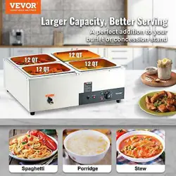 VEVOR 4-PAN COMMERCIAL FOOD WARMER, 4 X 12QT ELECTRIC STEAM TABLE, 1500W