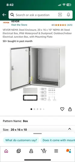 VEVOR NEMA STEEL ENCLOSURE, 20 X 16 X 10'' NEMA 4X STEEL ELECTRICAL BOX