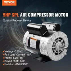 VEVOR 5HP SPL AIR COMPRESSOR MOTOR, 230V 15 AMPS ELECTRIC MOTOR, 3450RPM 56 FRAM