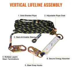 VEVOR VERTICAL LIFELINE ASSEMBLY, 0.55'' X 50' FALL PROTECTION ROPE WITH 30 KN B