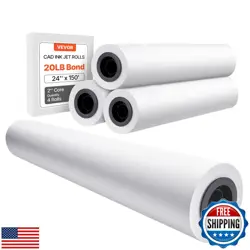 VEVOR WIDE FORMAT PAPER, 24 IN X 150 FT PLOTTER PAPER, 4 ROLLS CAD BOND ROLLS