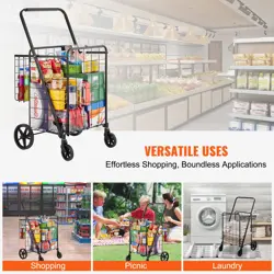 VEVOR FOLDING SHOPPING CART WITH DOUBLE BASKETS AND 360° SWIVEL WHEELS | HEAVY D