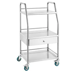 VEVOR LAB ROLLING CART DENTAL LAB SERVING CART 3 TIERS 1 DRAWER STAINLESS STEEL