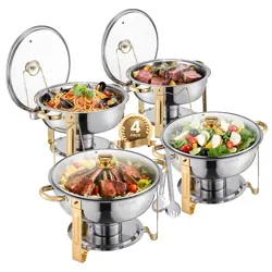 VEVOR 5 QT 4 PACK ROUND CHAFING DISH BUFFET SET FULL-SIZE PAN STAINLESS STEEL