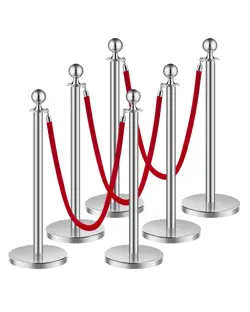 6 PCS SILVER STANCHION POST 3 RED VELVET ROPES SAND INJECTION HOLLOW BASE
