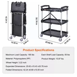 FOLDABLE UTILITY SERVICE CART 3 SHELF 165LBS WITH SWIVEL LOCKABLE WHEELS VEVOR