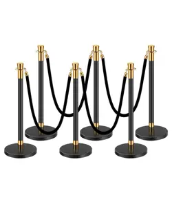 6 PCS STANCHION POST WITH 4 BLACK VELVET ROPES SAND INJECTION HOLLOW BASE