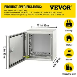 VEVOR 12X12X8'' CARBON STEEL ELECTRICAL ENCLOSURE IP65 WALL MOUNT JUNCTION BOX