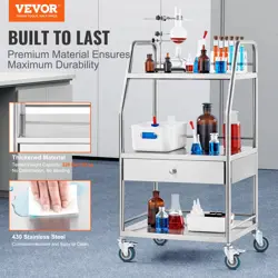 VEVOR LAB SERVING CART - STAINLESS STEEL UTILITY ROLLING CART WITH DRAWER AND LO