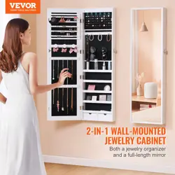 VEVOR MIRROR JEWELRY CABINET 47.05IN LOCKABLE WALL OR DOOR MOUNTED ARMOIRE WHITE