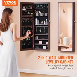 VEVOR MIRROR JEWELRY CABINET 42.52IN LOCKABLE WALL OR DOOR MOUNTED ARMOIRE BROWN