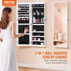 VEVOR MIRROR JEWELRY CABINET 42.52IN LOCKABLE WALL OR DOOR MOUNTED ARMOIRE WHITE