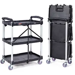 VEVOR FOLDABLE UTILITY SERVICE CART 3 SHELF 165LBS WITH SWIVEL LOCKABLE WHEELS,