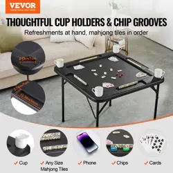 VEVOR MAHJONG TABLE 4 PLAYER FOLDING CARD TABLE & 4 CUP HOLDERS CHIP TRAYS BLACK