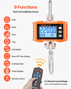 DIGITAL CRANE SCALE INDUSTRIAL HANGING SCALE 2200 LBS/1000 KG HEAVY DUTY SCALE