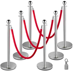 6 PCS SILVER STANCHION POSTS QUEUE CROWD CONTROL BARRIER WITH 3 VELVET ROPES