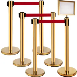 STANCHION SETS QUEUE BARRIER CROWD CONTROL POLES GOLD W/ SIGN FRAME 6PCS