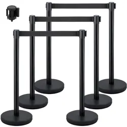 6PCS CROWD CONTROL BARRIER QUEUE POLES BLACK RETRACTABLE BELT STANCHION POSTS